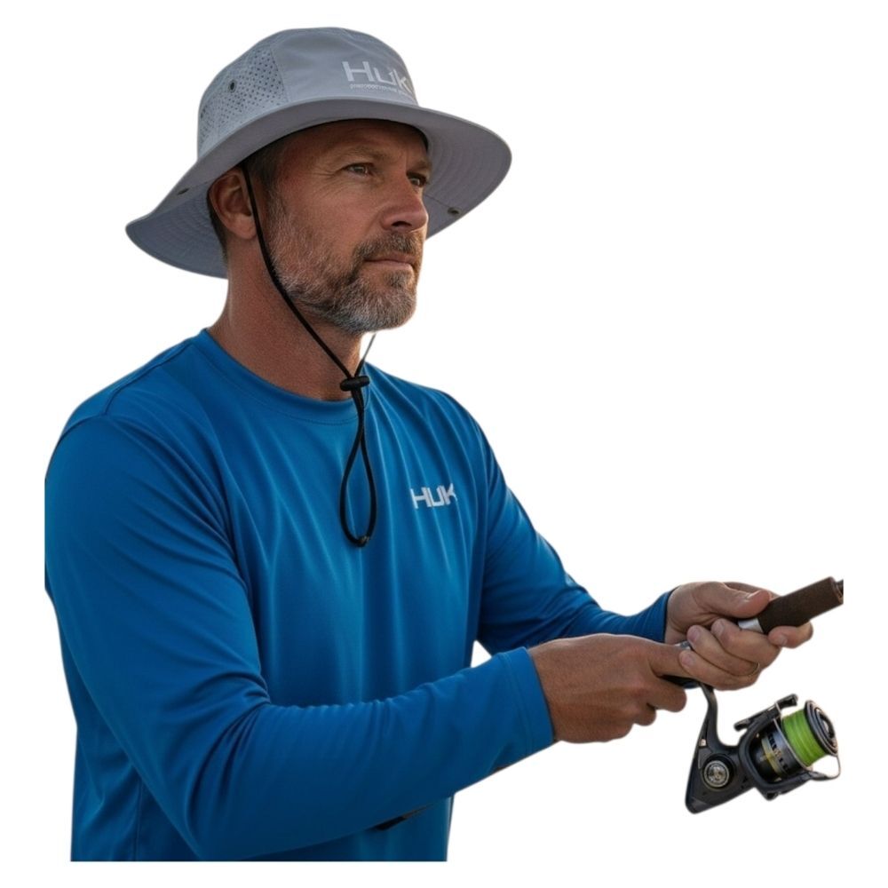 HUK High Performance Bucket Boonie Fishing Hat OSFM Oyster Light Neutral Nylon